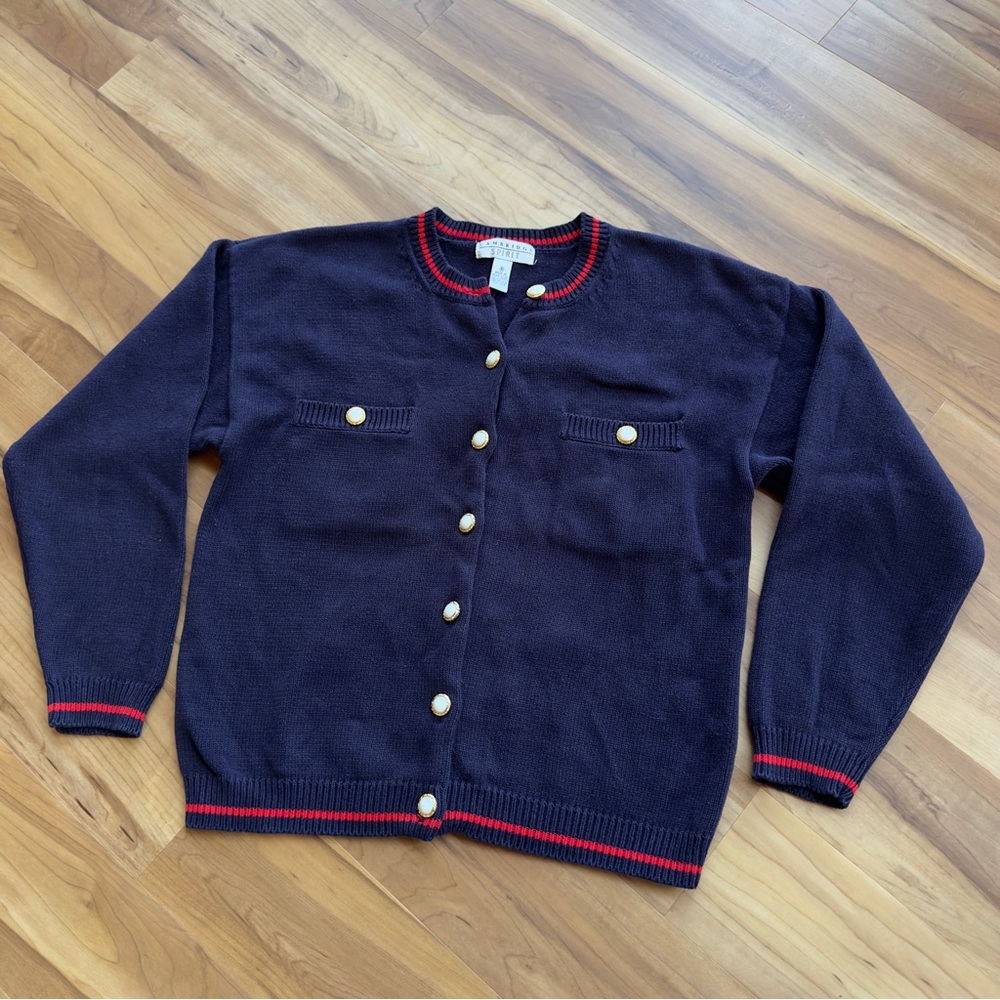 Vintage Navy Knit cotton Cardigan with Red Trim & pearl Buttons preppy nautical